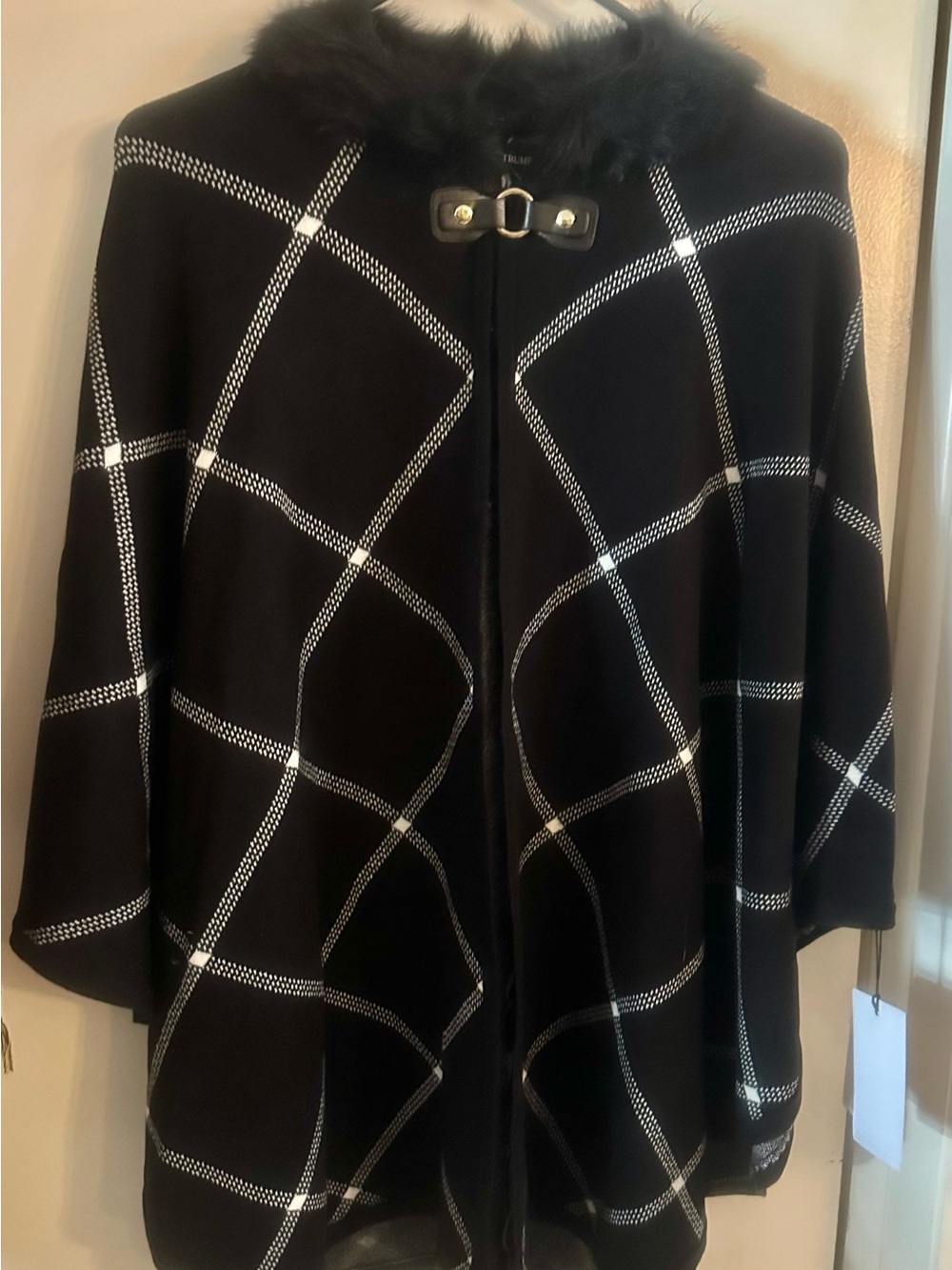 Ivanka Trump Black and White Windowpane Poncho with Faux Fur Colla my - Picture 1 of 4